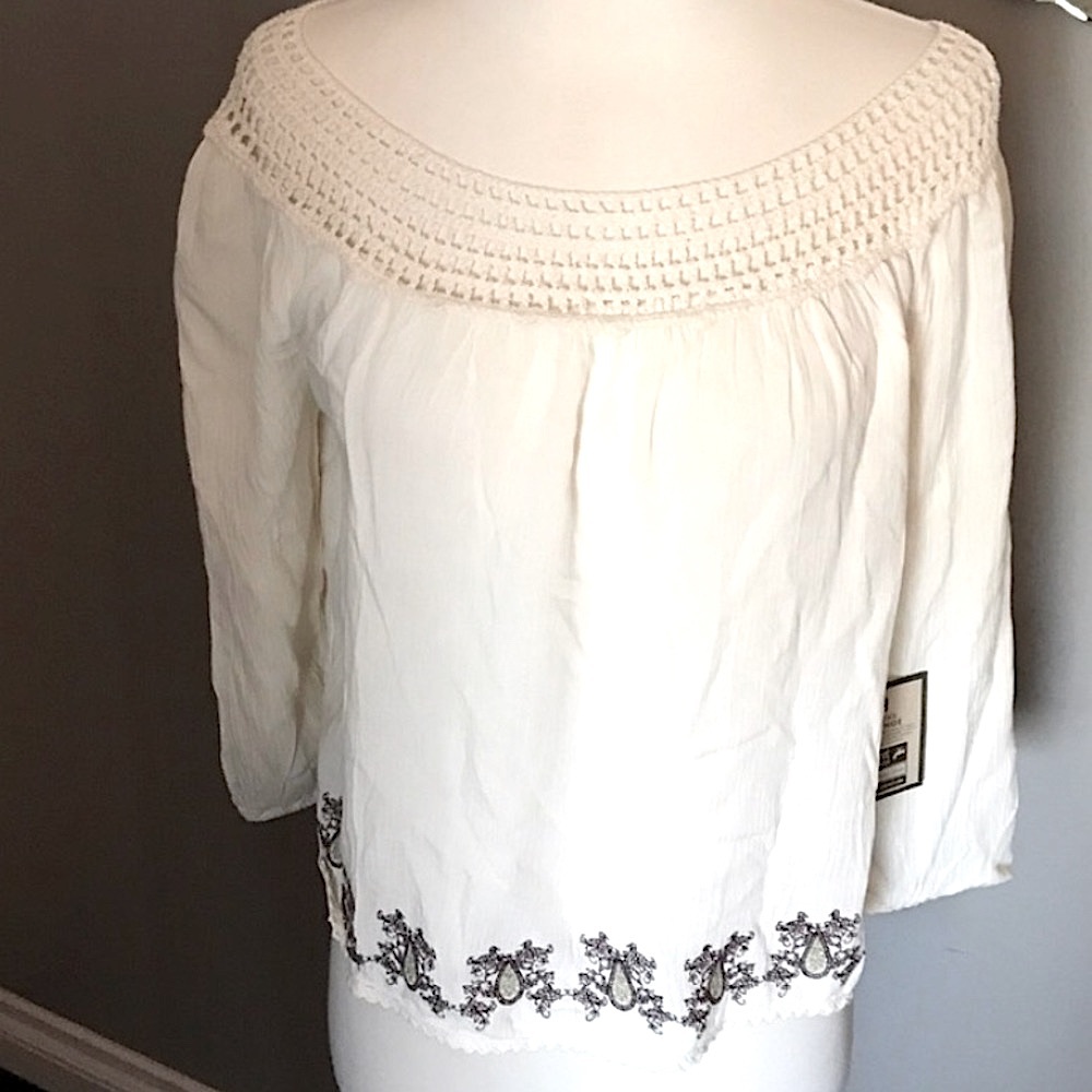 ME to WE for PACSUN Ivory crochet trim peasant top